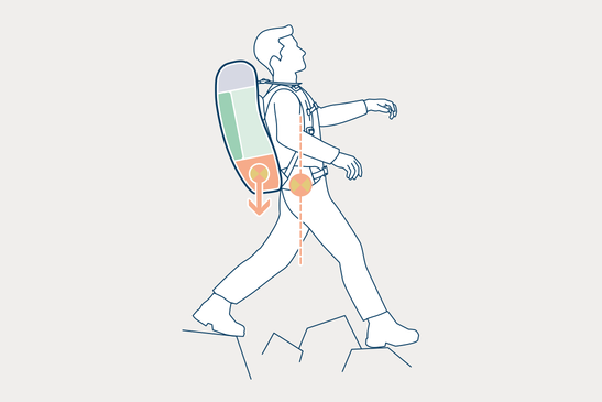 Falsch gepackter Rucksack mit tiefem Schwerpunkt